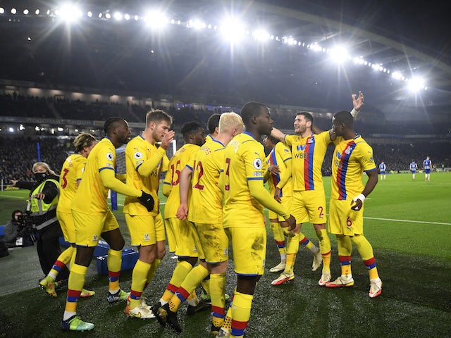 Crystal Palace's Conor Gallagher celebrates scoring their first goal with teammates on January 14, 2022