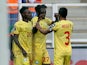 Ethiopia's Dawa Hotessa celebrates scoring their first goal with teammates on January 12, 2022