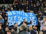 Everton fans display a get out of our club banner aimed at manager Rafael Benitez on January 15, 2022