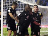 Fulham's Neeskens Kebano celebrates scoring their fifth goal with teammates on January 11, 2022