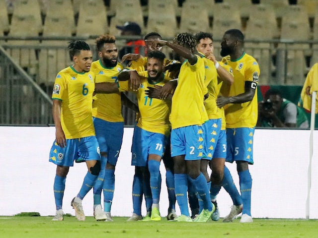 Gabon's Jim Allevinah celebrates scoring their first goal with teammates on January 14, 2022