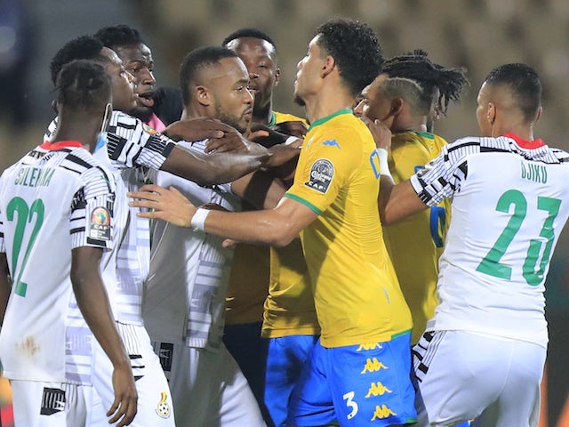 Players clash after the match between Gabon and Ghana on January 14, 2022