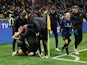 Inter Milan's Alexis Sanchez celebrates winning the Italian Super Cup with teammates on January 12, 2022
