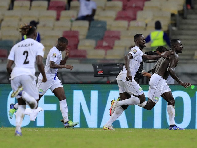 Sierra Leone's Alhaji Kamara celebrates scoring their second goal with teammates on January 16, 2022