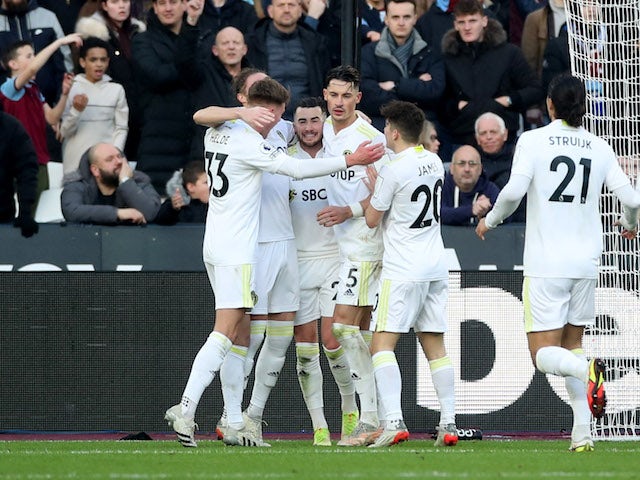 Leeds United's Jack Harrison celebrates scoring their second goal with teammates on January 16, 2022