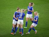 Leicester City Women's Shannon O'Brien celebrates scoring their first goal with Molly Pike and teammates on January 16, 2022