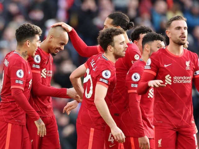 Liverpool's Fabinho celebrates scoring their first goal with teammates on January 16, 2022