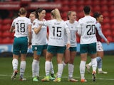 Manchester City Women's Georgia Stanway celebrates scoring their first goal with teammates on January 15, 2022