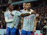 Manchester United's Bruno Fernandes celebrates scoring their second goal with teammates on January 15, 2022