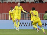 Nantes' Pedro Chirivella celebrates after Andrei Girotto scored their first goal on January 14, 2022