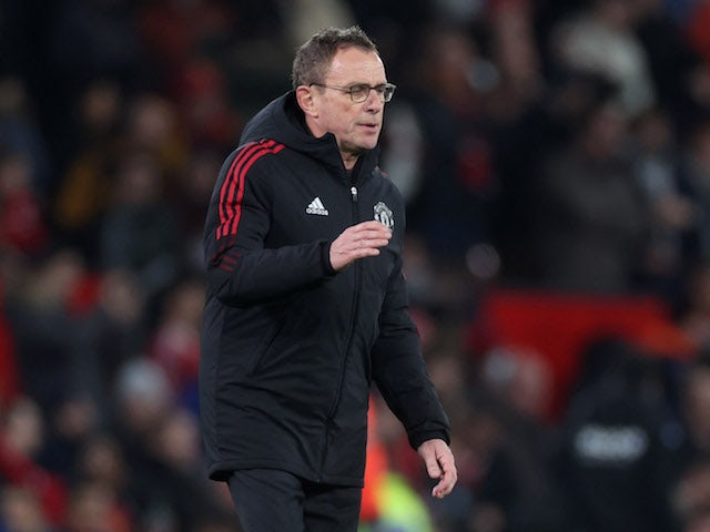 Manchester United interim manager Ralf Rangnick celebrates after the match on January 10, 2022