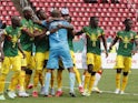 Mali's Ibrahim Mounkoro celebrates with teammates after saving a penalty from Tunisia's Wahbi Khazri on January 12, 2022