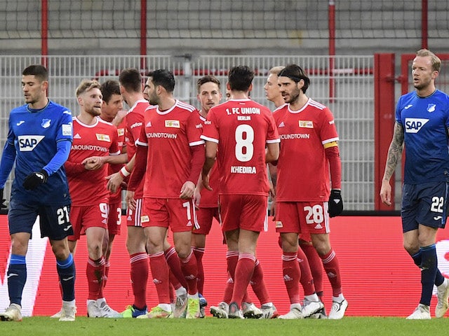 Union Berlin's Andreas Voglsammer celebrates scoring their first goal with teammates on January 15, 2022