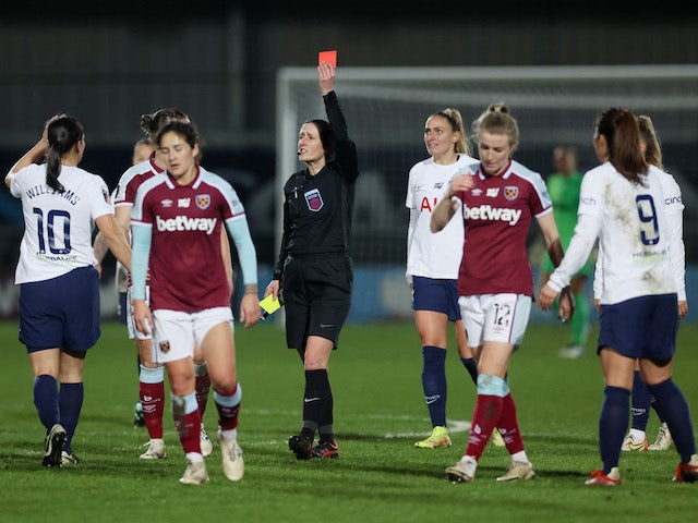 West Ham United Women's Hawa Cissoko is shown a red card by referee Amy Fearn on January 16, 2022