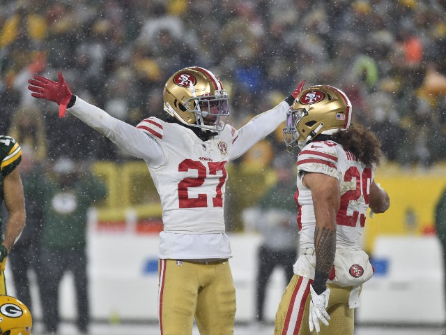 San Francisco 49ers defensive back Dontae Johnson (27) reacts to a play during the fourth quarter against the Green Bay Packers  on January 22, 2022
