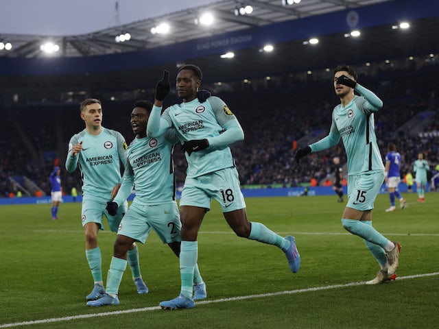 Brighton & Hove Albion's Danny Welbeck celebrates scoring their first goal with Leandro Trossard, Tariq Lamptey and Jakub Moder on January 23, 2022