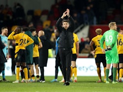 Wolverhampton Wanderers head coach Bruno Lage celebrates win over Brentford on January 22, 2022.