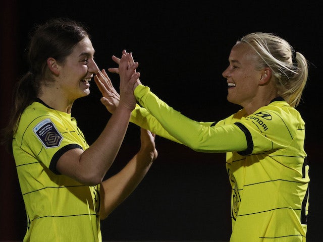 Chelsea Women's Pernille Harder celebrates scoring their fourth goal to complete her hat-trick on January 19, 2022