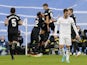 Elche's Lucas Boye celebrates scoring their first goal with teammates as Real Madrid's Eden Hazard reacts on January 23, 2022