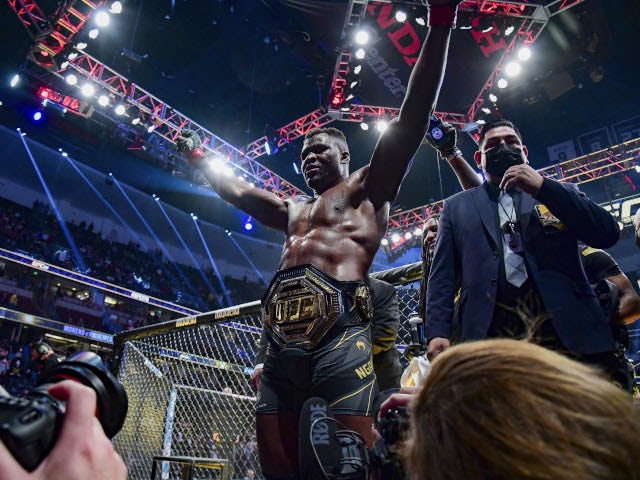 UFC heavyweight champion Francis Ugannou celebrating victory on January 22, 2022