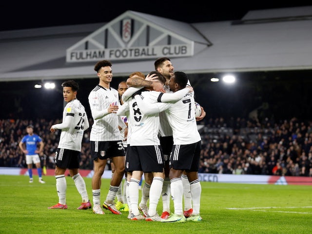 Fulham's Aleksandar Mitrovic celebrates their first goal, an own goal scored by Birmingham City's Marc Roberts on January 18, 2022