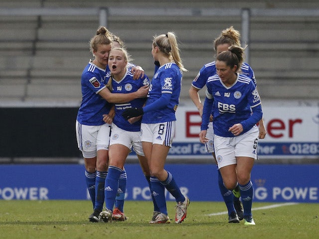 Leicester City Women's Jemma Purfield celebrates scoring their first goal with teammates on January 23, 2022