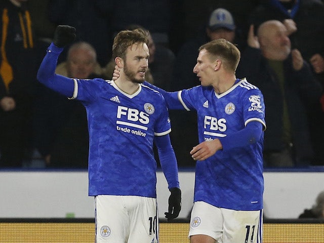Leicester City's James Maddison celebrates scoring their second goal with Marc Albrighton on January 19, 2022