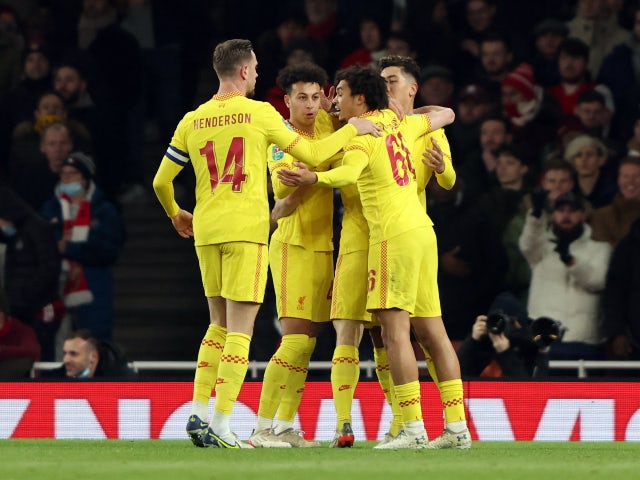 Liverpool's Diogo Jota celebrates scoring their first goal against Arsenal in the EFL Cup on January 20, 2022