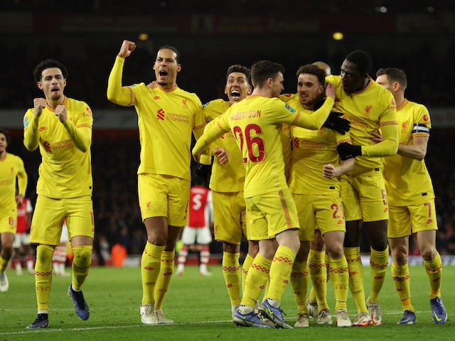  Liverpool's Diogo Jota celebrates scoring their second goal with teammates on January 20, 2022