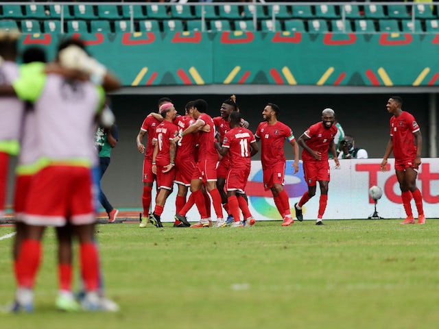 Equatorial Guinea's Pablo Ganet celebrates scoring their first goal with teammates on January 20, 2022