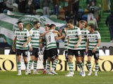 Sporting Lisbon's Pedro Goncalves celebrates scoring their first goal with teammates on January 22, 2022