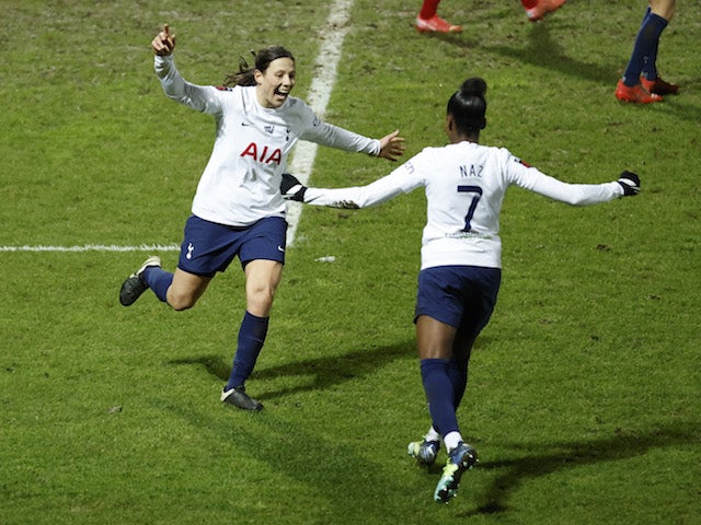 Tottenham Hotspur Women's Rachel Williams celebrates scoring their first goal with Jessica Naz on January 19, 2022
