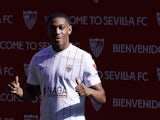 Anthony Martial poses during his presentation after signing for Sevilla on loan on January 26, 2022