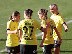 Chelsea Women's Guro Reiten celebrates scoring their first goal with teammates on January 29, 2022