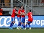 Chile's Ben Brereton Diaz celebrates scoring their first goal with teammates on January 27, 2022