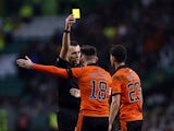 Dundee United's Calum Butcher is shown a yellow card by the referee on January 29, 2022