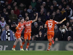 Blackpool's Josh Bowler celebrates scoring their first goal with Christopher Hamilton on January 29, 2022