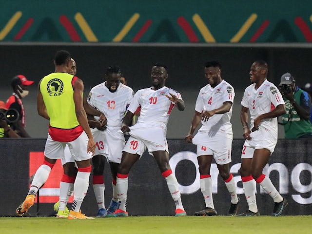 Gambia's Musa Barrow celebrates scoring their first goal with teammates on January 24, 2022