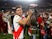 River Plate's Julian Alvarez celebrates winning the Argentina Primera Division with the trophy on November 25, 2021