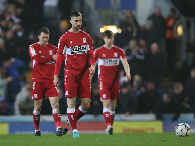 Middlesbrough players react after Blackburn Rovers' Sam Gallagher scores their first goal on January 24, 2022