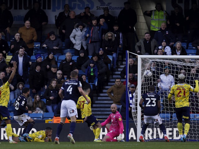 Millwall's Mason Bennett scores their first goal on January 29, 2022