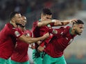 Morocco's Youssef En-Nesyri celebrates scoring their first goal with teammates on January 25, 2022