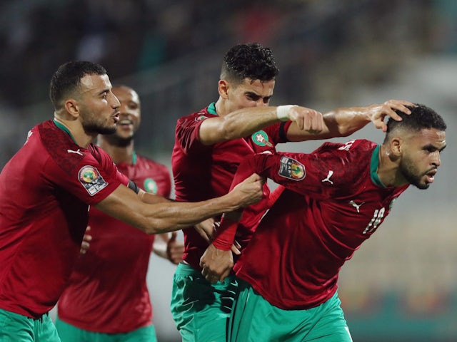 Yousuf An-Nesiri of Morocco celebrates scoring his first goal with teammates on January 25, 2022