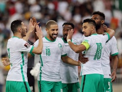 Saudi Arabia's Feras Al Brikan celebrates scoring their first goal with teammates on January 27, 2022