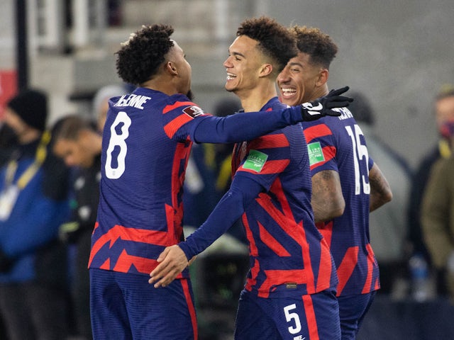 The United States (USA) defender Antonee Robinson (5) celebrates his goal with teammates during a CONCACAF FIFA World Cup Qualifier soccer match against the El Salvador at Lower.com Field on January 27, 2022