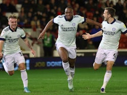 Cardiff City's Uche Ikpeazu celebrates scoring their first goal on February 2, 2022