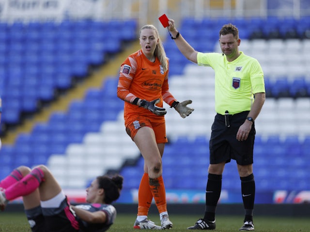Birmingham City Women's Emily Ramsey is shown a red card by referee on February 6, 2022
