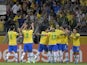 Brazil's Raphinha celebrates scoring their first goal with teammates on February 1, 2022
