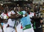 Burkina Faso's Steeve Yago celebrates scoring their first goal with teammates on February 5, 2022