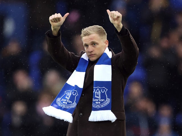 Everton's new signing Donny van de Beek is introduced to the fans at half time on February 5, 2022